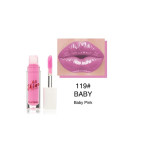 Pink lip gloss with applicator beside a pink swatch and the label '119# BABY Baby Pink'