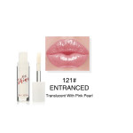 PHOERA lip gloss in a clear bottle with wand, shown beside a pink glossy lip swatch; shade 121# Entrained, translucent with pink pearl