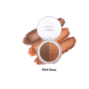 Open round compact with two bronze shades labeled '004 Deep'; bronzer swirls behind it as swatches show color range.