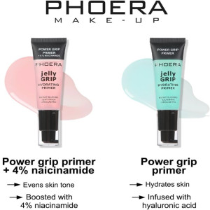 Two PHOERA jelly grip primers on white background: left pink bottle labeled 'Power grip primer +4% niacinamide' with pink swatch, right turquoise bottle labeled 'Power grip primer' with blue swatch.
