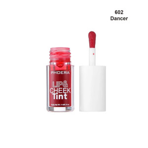 Phoera Lip & Cheek Tint bottle in red with the applicator wand beside it; shade 602 Dancer.
