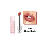 Lipstick in shade 006 Rose Nude with a pink-tinted cap and a lips swatch showing the nude rose color.