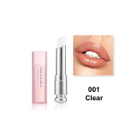 Lip gloss tube labeled 001 Clear with wand exposed, plus a close-up of glossy lips showing the shade.