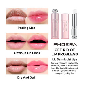 Phoera lip balm advertisement showing three lip–care before/after panels labeled Peeling Lips, Obvious Lip Lines, and Dry and Dull, with three pink lip-balm product tubes on the right and bold 'GET RID OF LIP PROBLEMS' text.