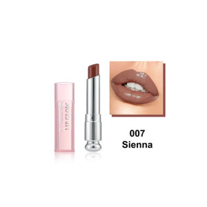Lipstick in warm brown–red shade beside a pink lip gloss tube labeled 007 Sienna