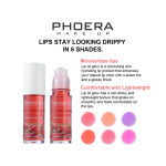 Phœra Make-Up lip gloss ad showing two strawberry-flavored lip oils on the left and six color swatches ranging from pink to purple on the right; headline reads 'LIPS STAY LOOKING DRIPPY IN 6 SHADES.'