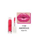 Lip gloss tube with applicator beside a close-up of glossy bright pink lips, text reads 115# AMOROUS Bright Pink.