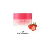 Phoera lip sleeping mask jar in pink with two strawberries beside it, flavor 04 Strawberry.