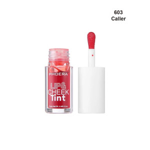 Lip and cheek tint bottle with pink liquid and white wand applicator, shade 603 Caller