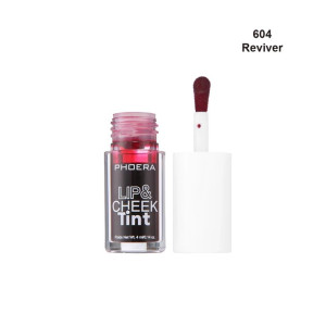 Phoera Lip & Cheek Tint bottle with wand applicator, shade 604 Reviver, on white background