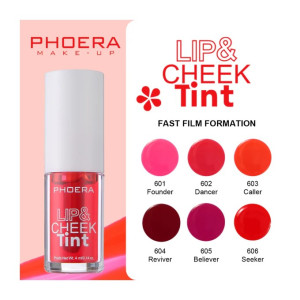 Phoera Lip & Cheek Tint advertisement showing a pink bottle on the left and six color swatches on the right labeled 601 Founder, 602 Dancer, 603 Caller, 604 Reviver, 605 Believer, 606 Seeker.