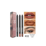PHOERA Lipliner and Eyeliner Set with three pencils; swatches show nude lips and a natural eye look, shade K02 Swan Black Coconut Latte.