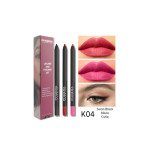 Phoera lip liner and eyeliner set with three pencils, boxed display, plus lip and eye swatches (K04 Swan Black Allure Cutie)