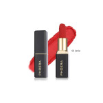 Phoera lipstick in shade 02 Lizzie with a red swatch behind and the cap beside it; black-gold packaging on white background.