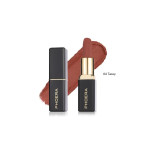 PHOERA lipstick with cap on left and gold-trimmed tube on right, shade swatch in warm terracotta behind it, labeled 04 Tacey