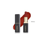PHOERA lipstick in shade 05 Mona with the cap removed, shown next to a red lipstick swatch on a white background.