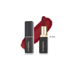 PHOERA lipstick in shade 06 Belle with red swatch behind and the cap beside the tube.
