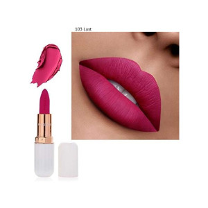 Bright pink lipstick with open tube, swatch, and a close-up of lips wearing the shade.