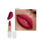 Close-up of lips wearing berry red lipstick; a lipstick bullet with a white cap and rose-gold base sits nearby, plus a lipstick swatch in the top left.