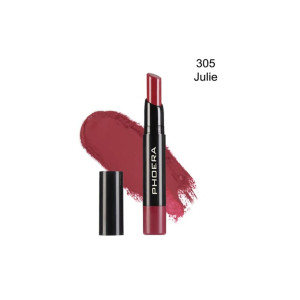 PHOERA lipstick in shade 305 Julie with red swatch behind the open tube on a white background.