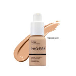 Phoera liquid foundation bottle in shade 104 Buff Beige with a beige swatch behind it