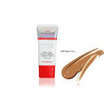 PHOERA Natural Look Liquid Foundation tube with red cap and shade 106 Warm Sun, shown next to a tan foundation swatch.