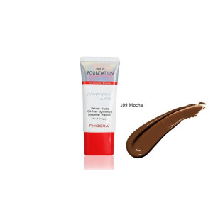 Tube of liquid foundation with a red cap beside a brown foundation swatch labeled shade 109 Mocha (Phoera).