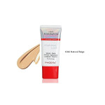 Liquid foundation tube labeled 'Natural Look' with beige foundation swatch beside it (100% PHOERA) for 104A Natural Beige shade.