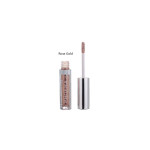 Rose gold lip gloss with wand applicator next to the open tube (PhOERA brand).