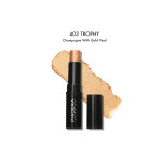 PHOERA makeup lipstick in shade 403 Trophy Champagne with Gold Pearl, shown with a champagne-gold swatch behind the tube.