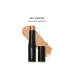 Product placeholder: 404 Sunkiss bronzer with gold pearl; lipstick-style bronzer stick with cap off against a beige makeup swatch on white background (informational image)