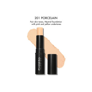 Foundation stick in shade 201 Porcelain with pink and yellow undertones, shown with a swatch on a white background.