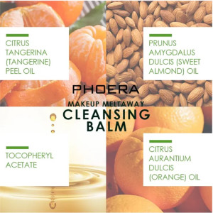 Phoera Cleansing Balm collage showing ingredient panels: tangerine peel oil, sweet almond oil, orange oil, tocopheryl acetate, with Phoera branding.