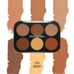 Phoera six-shade eyeshadow palette with warm browns and a central yellow shade, labeled 103 Deep on a striped backdrop.