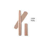 Lipstick in nude Putty shade (103) with a beige swatch on a white background, cap off and placed nearby.