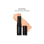 Lipstick in shade 402 ROYAL: warm coral peach with gold pearl, shown with a peachy swatch behind it (Phäera makeup).
