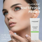 Close-up of a woman with flawless skin holding a Phoera Mattifying Primer tube; text says MATTIFYING PRIMER and PORE MINIMIZING.