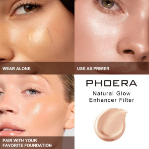 Four-panel collage for Phoera Natural Glow Enhancer Filter: wear alone, use as primer, glowing skin finish, and product swatch with logo.