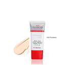 Tube of liquid foundation with red cap and 'Natural Look' label, beige foundation swatch beside it on a white background.