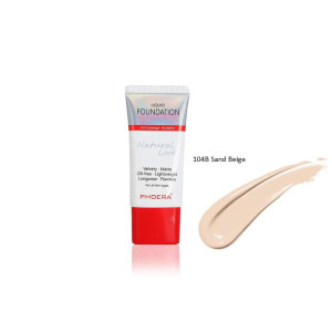 Phoera liquid foundation tube with shade 104B Sand Beige and a beige foundation swatch beside it!