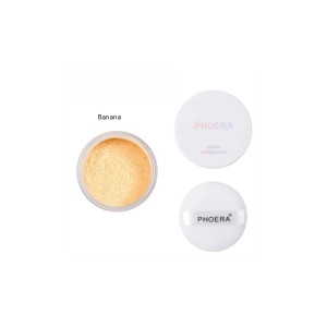 Banana setting powder in an open jar beside two PHOERA compact cases on a white background; powder visible inside the jar.