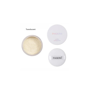 Open container of translucent setting powder with two white PHOERA compact cases nearby.