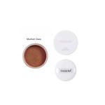 Brown pressed powder in shade Medium Deep with two white PHOERA containers on a white background.