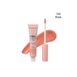 Phoera Pro Liquid Blush tube with wand, shade 102 Rose, coral-pink cream swatch behind it.