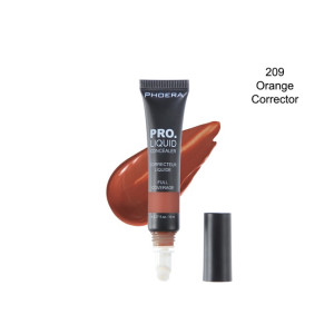 PHOERA Pro. Liquid Concealer in shade 209 Orange Corrector with applicator and brown swatch behind it.