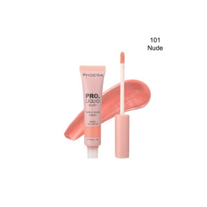 PHOERA Pro Liquid Blush in shade 101 Nude with an applicator wand and a pink swatch smear beside the tube.