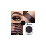 Phoera Shimmer Beloved 302 makeup collage: purple eye look, metallic swatch on skin, and pigment pot.