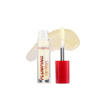 Lip plumping gloss bottle with red cap and applicator, beside a pale swatch on white background