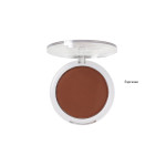 Pressed powder makeup in Espresso shade in a white compact with a transparent lid, opened.