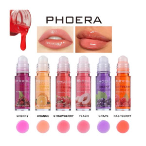 PHOERA lip oil lineup in six fruity flavors—Cherry, Orange, Strawberry, Peach, Grape, Raspberry—with corresponding color swatches beneath each bottle.